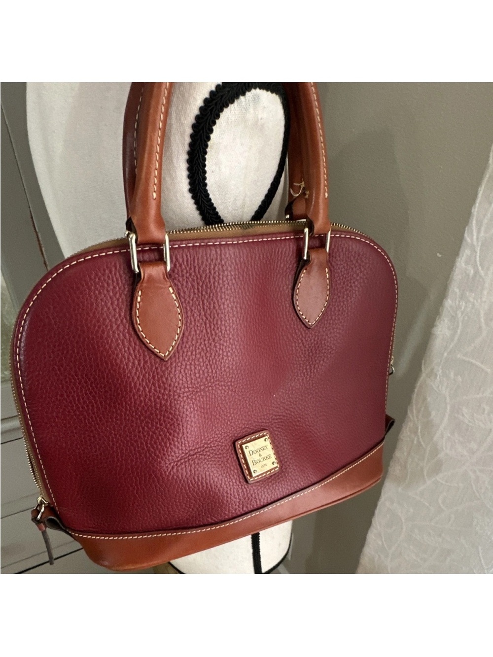 Dooney & Bourke Burgundy Leather Dome Satchel with Brown Trim